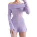 aturustex Ladies Off Shoulder Romper with Long Sleeves Knitted Jumpsuit Shorts