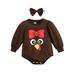 wybzd Infant s Bow Headband + Long Sleeve Turkey/Letter Print Jumpsuit Combo