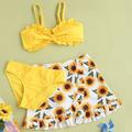 Three Piece Set Of Cute Sunflower Printed Swimsuits For Children, Small And Fresh Girl Bikini