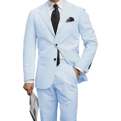 Blue Seersucker Men's Beach Wedding Suits Solid Colored 2 Piece Standard Fit Single Breasted Two-buttons 2024