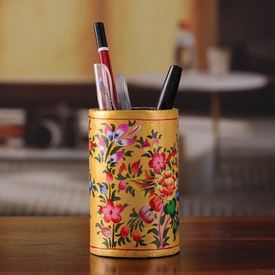 'Hand-Painted Floral Wood and Papier Mache Pen Holder in Gold'