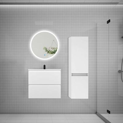 Aica Ensemble meuble vasque L.60cm 2 tiroirs + lavabo + led miroir rond 60cm + colonne a blanc