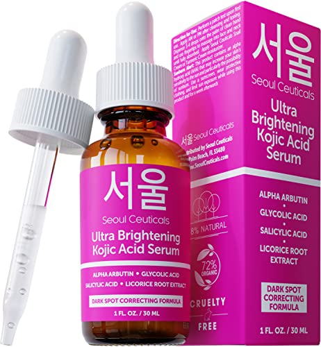 SeoulCeuticals Korean Skin Care Ultra Brightening Serum - Dark Spot Remover Kojic Acid Serum - Alpha Arbutin Serum Made for Face Glow - K Beauty Salicylic, Glycolic Acid Glow Face Serum, 1oz