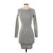 Bordeaux Casual Dress - Sweater Dress Crew Neck Long sleeves: Gray Solid Dresses - Women's Size X-Small