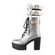 Only maker Women's Platform Lace Up Chunky High Heel Mid Calf Boots Round Toe Anti-Slip Comfort Track Sole Buckle Belt Thick Heels Pull On Faux Patent Leather Fashion Shoes Holographic Size 11