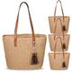 Mixweer 4 Pcs Straw Bag for Women Summer Travel Hand Woven Straw Beach Handbags Top Handle Big Capacity Tote Clutch Bags, Khaki, 12.6 x 3.15 x 12.2 Inch