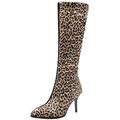 MJIASIAWA Ladies Evening Dress Fashion Knee High Zip Riding Boots Stiletto High Heeled Party Pointed Toe Leopard Boots Yellow Size 1 UK/33 Asian