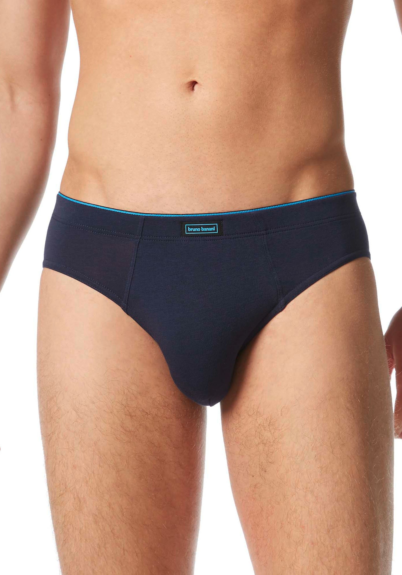 Slip BRUNO BANANI "INFINITY", Herren, Gr. L, blau (dunkelblau), Obermaterial: 47% Baumwolle, 47% Modal, 6% Elasthan, unifarben mit Farbeinsatz, körpernah, Unterhosen, mit Markenprägung am Bund Image