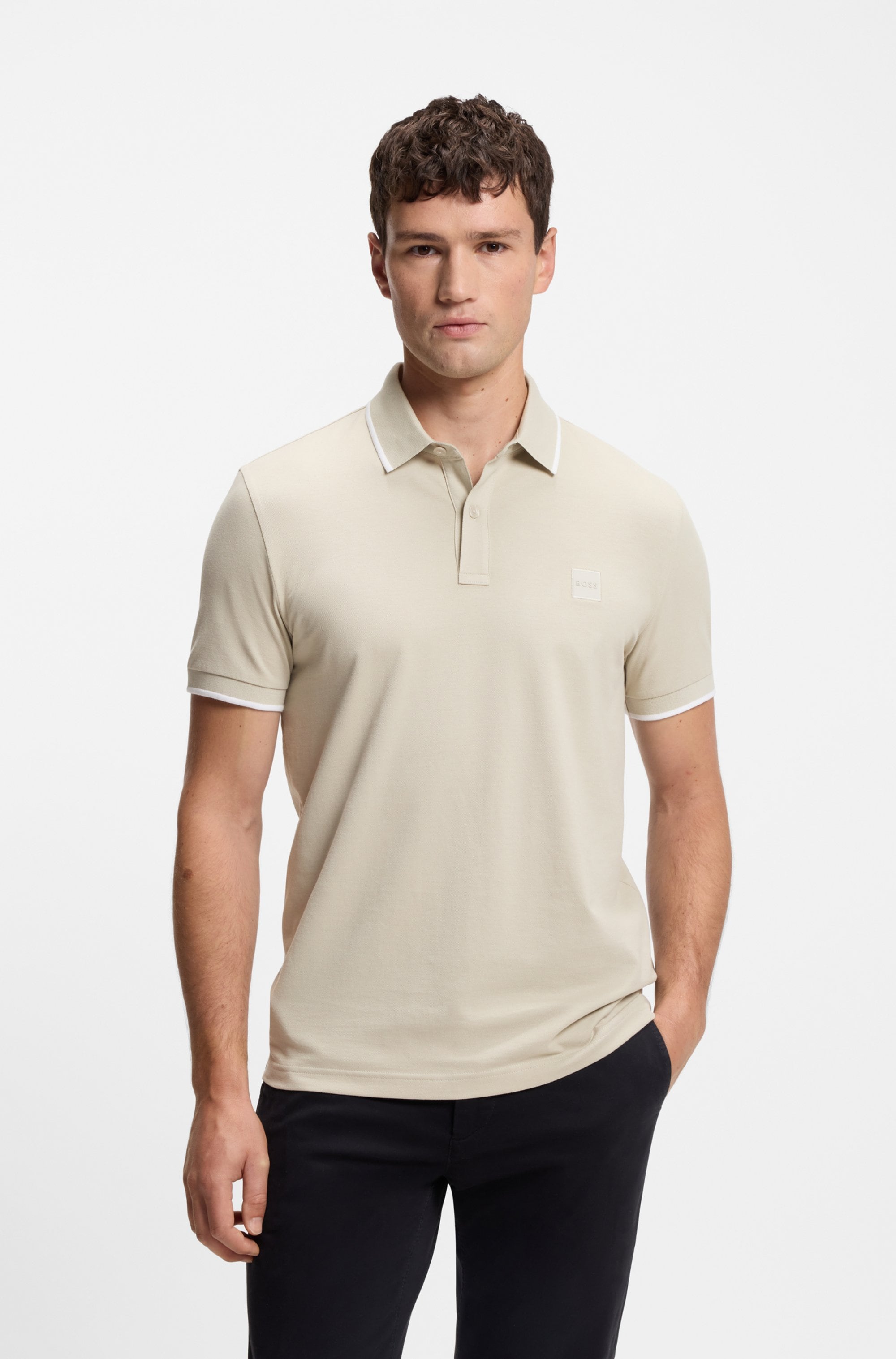 Poloshirt BOSS ORANGE "Passertip", Herren, Gr. 3XL, beige (light beige271), Piqué, Obermaterial: 95% Baumwolle, 5% Elasthan, unifarben, slim fit hüftbedeckend, V-Ausschnitt, eingesetzt Bündchen, Shirts, mit BOSS Logo-Badge
