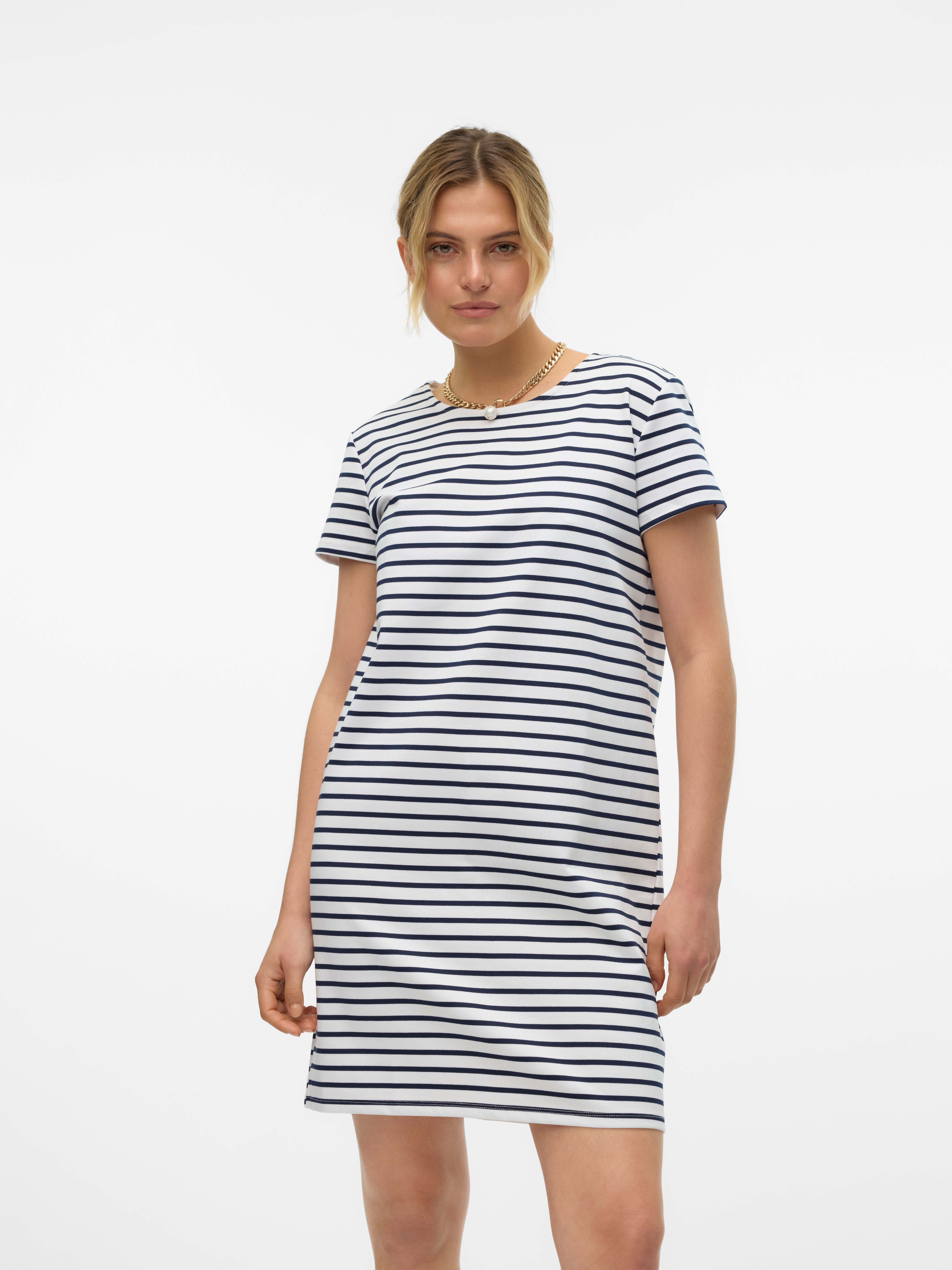 Minikleid VERO MODA "VMABBY SS SHORT ZIP DRESS JRS NOOS", Damen, Gr. L, N-Gr, blau (snow weiß stripes:navy blazer), Jersey, Obermaterial: 77% Polyester, 19% Viskose, 4% Elasthan, gestreift, Rundhals, Kleider Minikleid, Sommerkleid