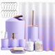 Purple Bathroom Accessories Set with Shower Curtains - Trash Can, Lotion Dispenser, Soap Dish, Toilet Brush, Toothbrush Holder, Tumbler, Tray, Q-Tip Canisters, Hooks