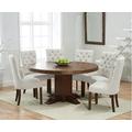 Helmsley 150cm Dark Solid Oak Round Pedestal Dining Table with 4 Cream Francois Fabric Dark Oak Leg Chairs