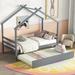 Twin Size House Bed with Trundle, Wooden Playhouse Tent Bed Frame, Montessori House-Shaped Platform Bed for Kids Girls Boys