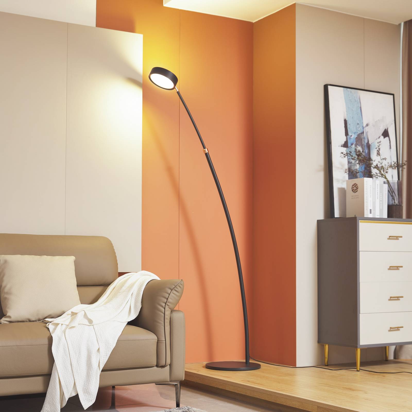 Bogenlampe Boga Lucande, dimmbar, schwarz, für Wohn- / Esszimmer, Metall, Modern, Stehlampe