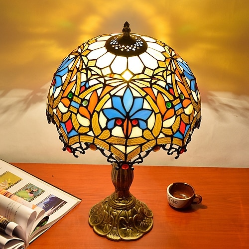 Blaugrüne Vintage-Tischlampe aus Buntglas, 30,5 x 30,5 x 45,7 cm, Libellen-Stil, Nachttisch-Schreibtischlampe für Wohnzimmer, Schlafzimmer, mit 2 LED-Glühbirnen Image