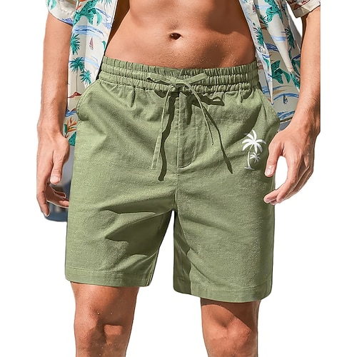 Coconut Tree Herren-Shorts aus Baumwoll-Leinen, Sommer-Hawaii-Shorts, Strand-Shorts, bedruckt, Kordelzug, elastische Taille, atmungsaktiv, weich, 10 % Leinen, lässig, täglich, Urlaub, Streetwear Image