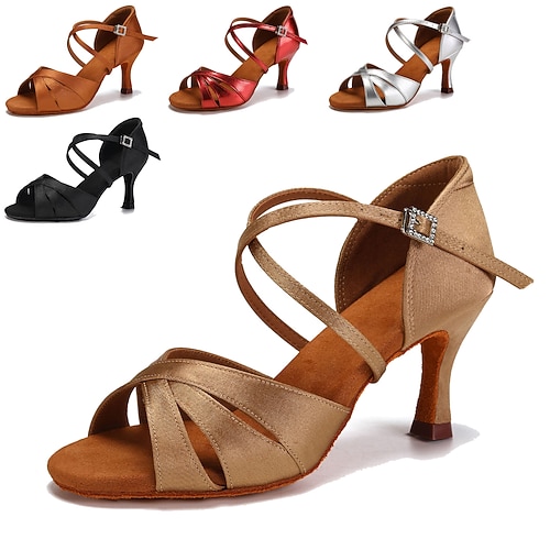 Damen-Tanzschuhe aus Satin mit Wildledersohle – Latin-Salsa-Tango-Heels mit Riemchenabsatz für professionellen und Gesellschaftstanz Image