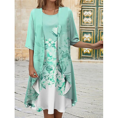 Damen Kleid-Set Freizeitkleid Druckkleid Mode Modern Blumen Druck Midikleid Halbarm Rundhalsausschnitt Outdoor Date Blau Rosa Purpur Sommer Normale Passform Image