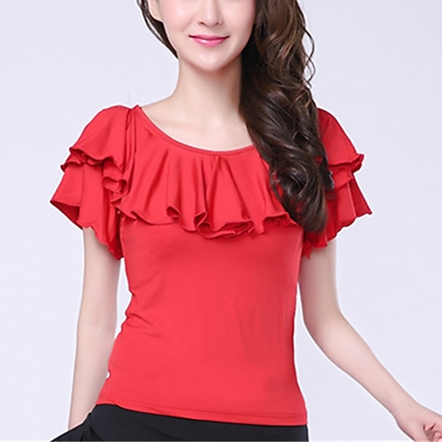 Latein-Tanz Für den Ballsaal Sportkleidung oben Rüschen Pure Farbe Farbaufsatz Damen Leistung Ausbildung Kurzarm Milchfieber Image