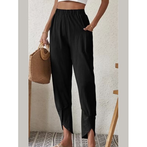 Damen Hose aus Baumwollleinen Hosen Hose Alltagstauglich Knöchellang Einfach Seitentaschen Elastischer Bund Atmungsaktivität Bequem Unelastisch Wochenende Schwarz Weiß Wein Dunkelmarine Frühling Image