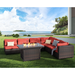 TANGJEAMER 7 Piece Patio Furniture Set with Fire Pit Table All Weather Outdoor Sectional PE Rattan Patio Conversation Sets with Cushions and Glass Coffee Table for Garden Lawn Balcony Red