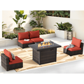 TANGJEAMER 5 Piece Patio Furniture Set with Fire Pit Table All Weather Outdoor Sectional PE Rattan Patio Conversation Sets with Cushions and Glass Coffee Table for Garden Lawn Balcony Red