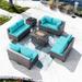 8PCS Outdoor Patio Furniture Set with 43 55000BTU Gas Propane Fire Pit Table PE Wicker Rattan Sectional Sofa Patio Conversation Sets Navy Blue