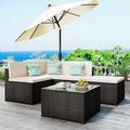 Morhome 6-Piece Outdoor Dining Conversation Sectional Set All-Weather Pe Rattan Patio with Coffee Table Wicker Sofas Ottomans Removable Cushion Dark Grey