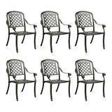 6-PCS Outdoor Cast Aluminum Patio Dining Chairs All Weather Patio Bistro Dining Chairs Set of 2 with Armrests & Cushion Stackable Patio Dining Chairs for Garden Balcony Deck Bronze (No Cushion)