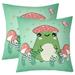 Set Of 2 Cute Green Frog Throw Pillow Covers For Kids Boys Girls Mushroom Pillow Covers Butterfly Fungus Stars Cushion Covers Tropical Wild Animal Decorative Pillow Covers Bedroom Decor 16x16 Inch