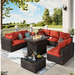 TANGJEAMER 10 Piece Patio Furniture Set with Fire Pit Table All Weather Outdoor Sectional PE Rattan Patio Conversation Sets with Cushions and Glass Coffee Table for Garden Lawn Balcony Red