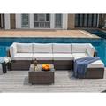 COSIEST 5-Piece Outdoor Furniture All-Weather Mottlewood Brown Wicker Sectional Sofa w Warm Gray Thick Cushions Glass-Top Coffee Table 2 Teal Pattern Pillows for Garden Patio