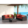 TANGJEAMER 5 Piece Patio Furniture Set All Weather Outdoor Sectional PE Rattan Patio Conversation Sets with Cushions and Glass Coffee Table for Garden Lawn Balcony Porch Deck Red