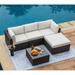 COSIEST 5-Piece Outdoor Furniture All-Weather Mottlewood Brown Wicker Sectional Sofa w Warm Gray Thick Cushions Glass-Top Coffee Table 2 Teal Pattern Pillows for Garden Patio