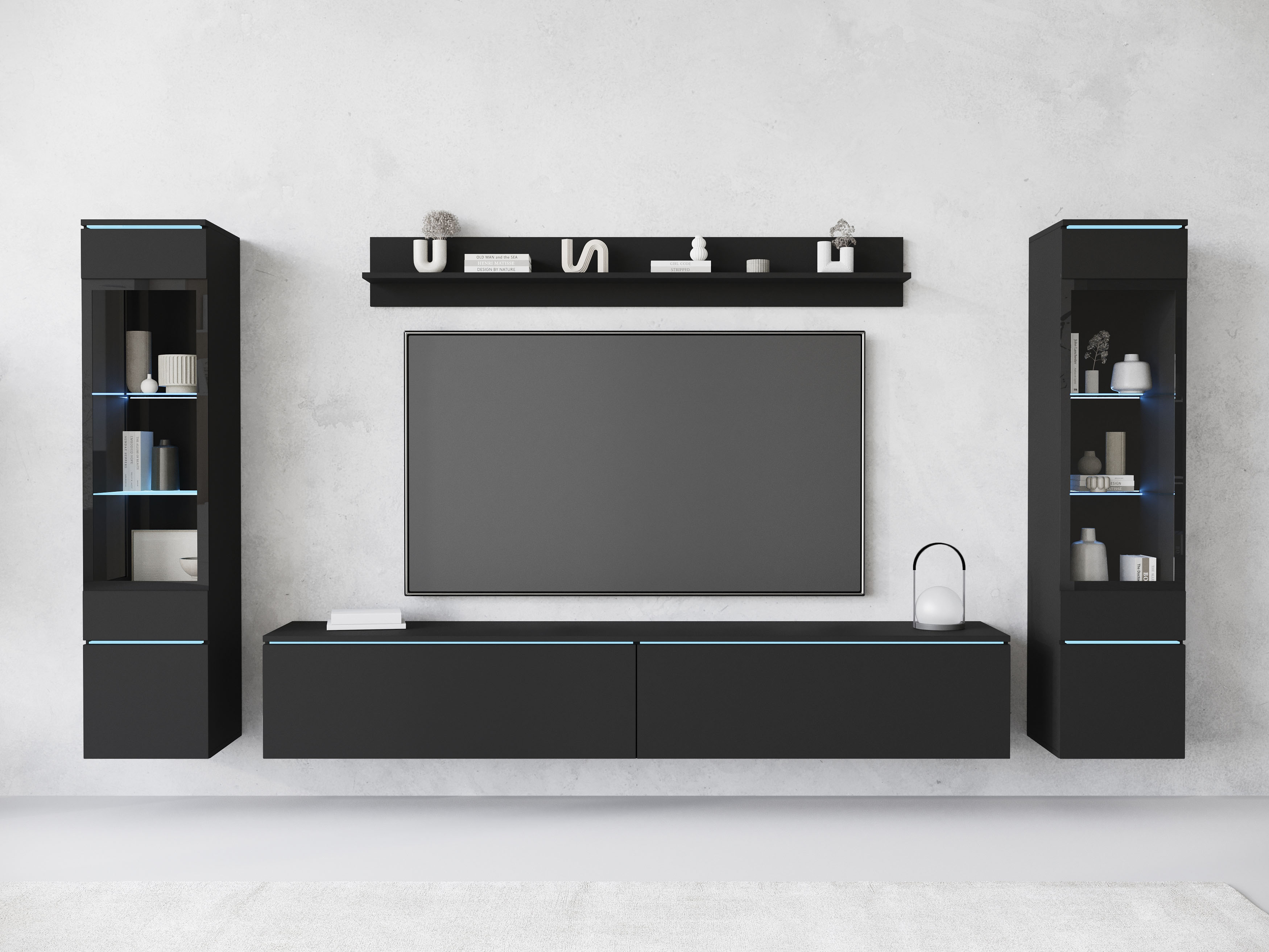 Wohnwand INOSIGN "VERA II", schwarz (graphit schwarz matt), B:260cm H:130cm T:33cm, Kastenmöbel-Sets, Mediawand 260 cm, Vitrine mit Verglasung, stehend und hängend, Topseller