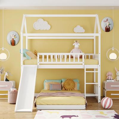 Twin Over Twin Bunk Bed House Bed With Slide,Solid Construction,Kids Bedroom Sets