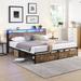 Queen Metal Platform Bed Frame w/ 2 Drawers, LED Lights Headboard w/ Charging Station, Heavy-duty Metal Slats,Antique Brown