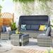 5 Pieces Outdoor Sectional Patio PE Rattan Sofa Set Furniture Daybed 3-seater sofa with Canopy and Tempered Glass Side Table
