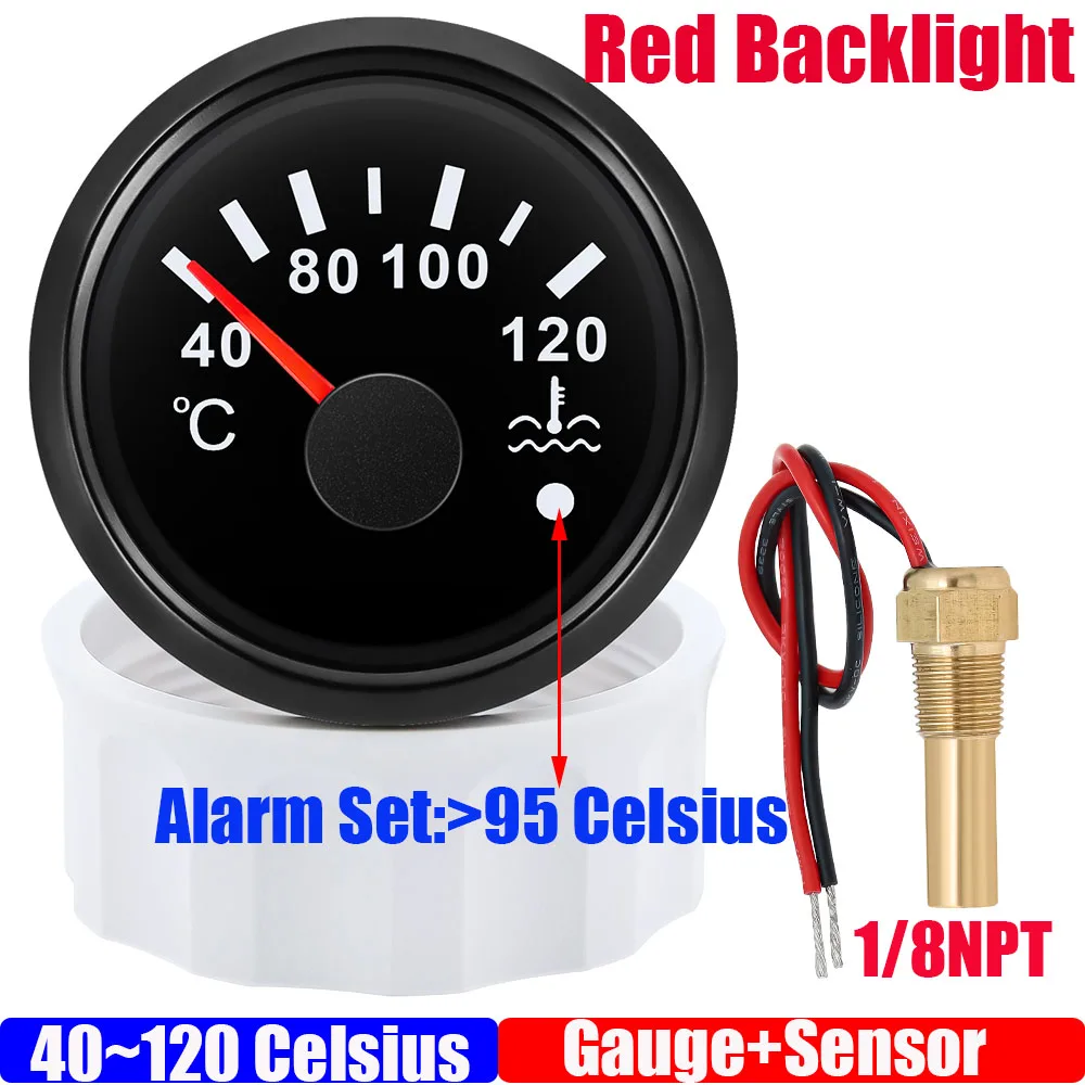 40~120 ℃ 52 mm Wassertemperaturanzeige + Sensor mit Blitzalarm, wasserdicht, rotes Licht, Wassertemperaturmesser für Auto, Boot, 12 V, 24 V, individuell Image