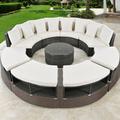 Hokku Designs Luxury Circular Outdoor Sofa Set w/ Tempered Glass Coffee Table Stylish Rattan Wicker Sectional Lounge Set For Outdoor Gatherings | Wayfair