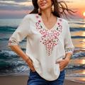 Women's Summer Tops Blouse Embroidered White 3/4 Length Sleeve V Neck Summer Spring