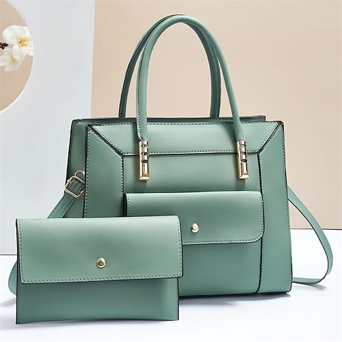 set di borsa e portafoglio in similpelle verde da donna: elegante tote bag strutturata con dettagli dorati per ufficio, shopping e uscite informali