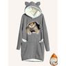 Per donna Abito con cappuccio Abito casual Mini abito Sherpa Fleece foderato Caldo Esterno Per uscire Fine settimana Felpa Stampa Tasche Gatto Morbido Grigio S M L XL XXL