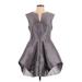 Halston Heritage Cocktail Dress - A-Line V Neck Sleeveless: Gray Print Dresses - Women's Size 4