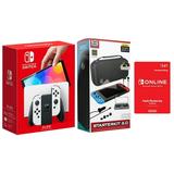 Nintendo Switch OLED 64GB Console White Joy-Con Bundle with Online 12 Month Family Membership and Surge 11-In-1 Accessory Starter Pack