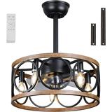 Drum Ceiling Fan with Lights Farmhouse 18 Caged Flush Mount Ceiling Fan Lights Remote Control Vintage Bladeless Ceiling Fan with Lights for Bedroom Kitchen Black and Wood