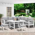 durable Lane Aluminum Outdoor Patio Furniture Set Metal Outside Patio Furniture Conversation Sets with Dining Table&2 Ottomans Sectional Sofa Couch Seating Set with Cushion for Back