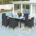 7 Piece Patio Furniture Dining Set Outdoor Glass Dining Table Set with 6 Wicker Rattan Chairs for Garden Yard Poolside Black Wicker Beige Cushions