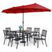 VILLA 5 Piece Outdoor Dining Set with 10ft Umbrella 37 Square Metal Dining Table & 4 Stacking Metal Chair with 3 Tier Beige Umbrella for Patio Deck Yard Porch