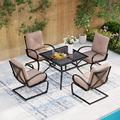durable Patio Dining Set for 4 Outdoor Furniture Square Bistro Table Wooden Top with 1.57 Umbrella Hole 4 Spring Motion Chairs with Cushion for Backyard Garden Lawn